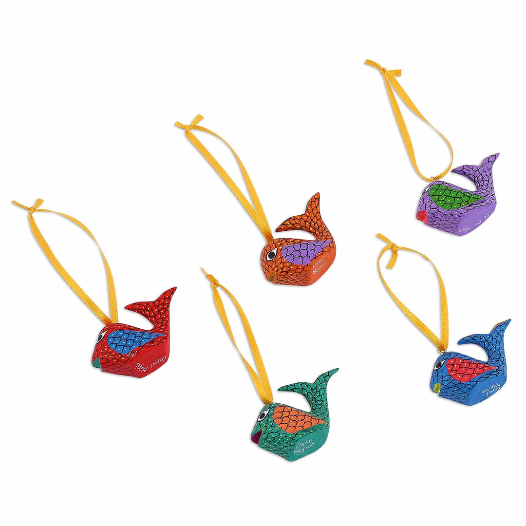 Painted Wood Alebrije Whale Ornaments (Set of 5) from Mexico - Sweet Whales