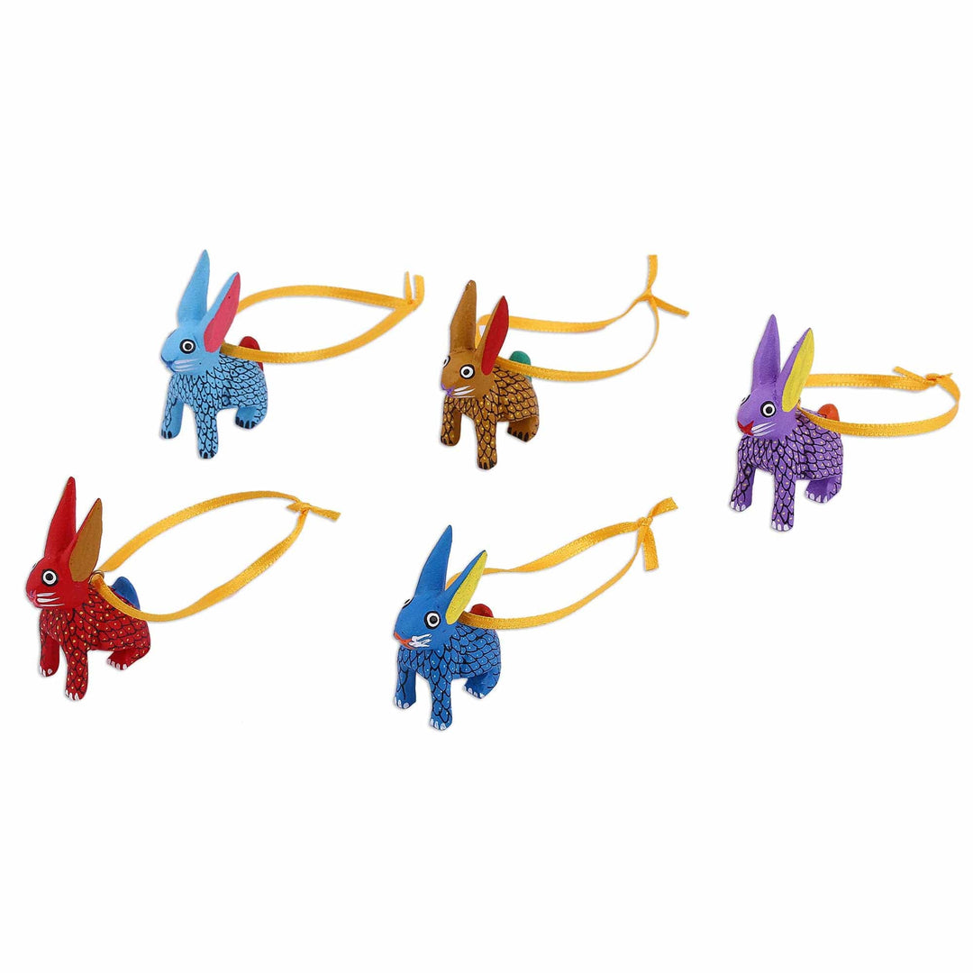 Wood Alebrije Rabbit Ornaments (Set of 5) from Mexico - Sweet Rabbits