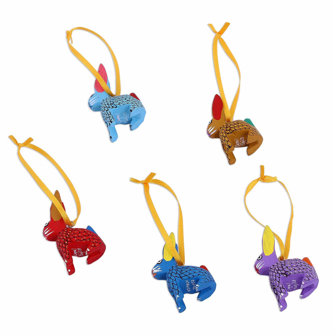 Wood Alebrije Rabbit Ornaments (Set of 5) from Mexico - Sweet Rabbits