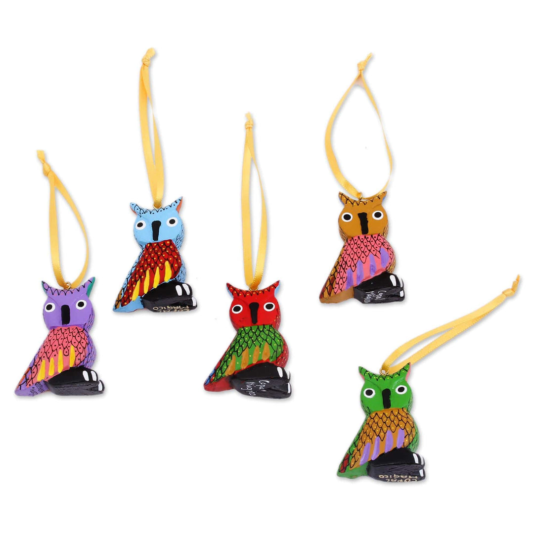 Painted Wood Alebrije Owl Ornaments (Set of 5) from Mexico - Sweet Owls