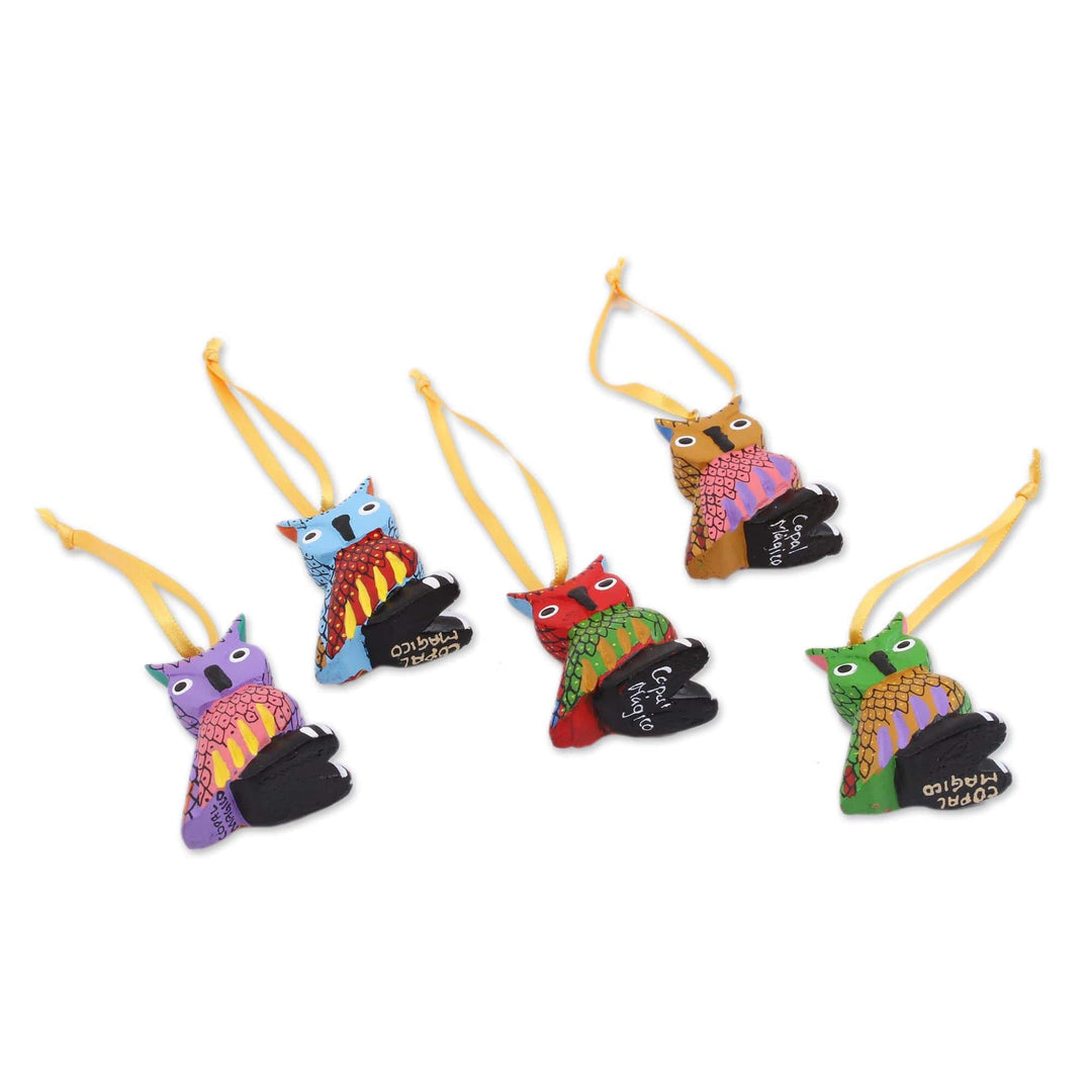 Painted Wood Alebrije Owl Ornaments (Set of 5) from Mexico - Sweet Owls