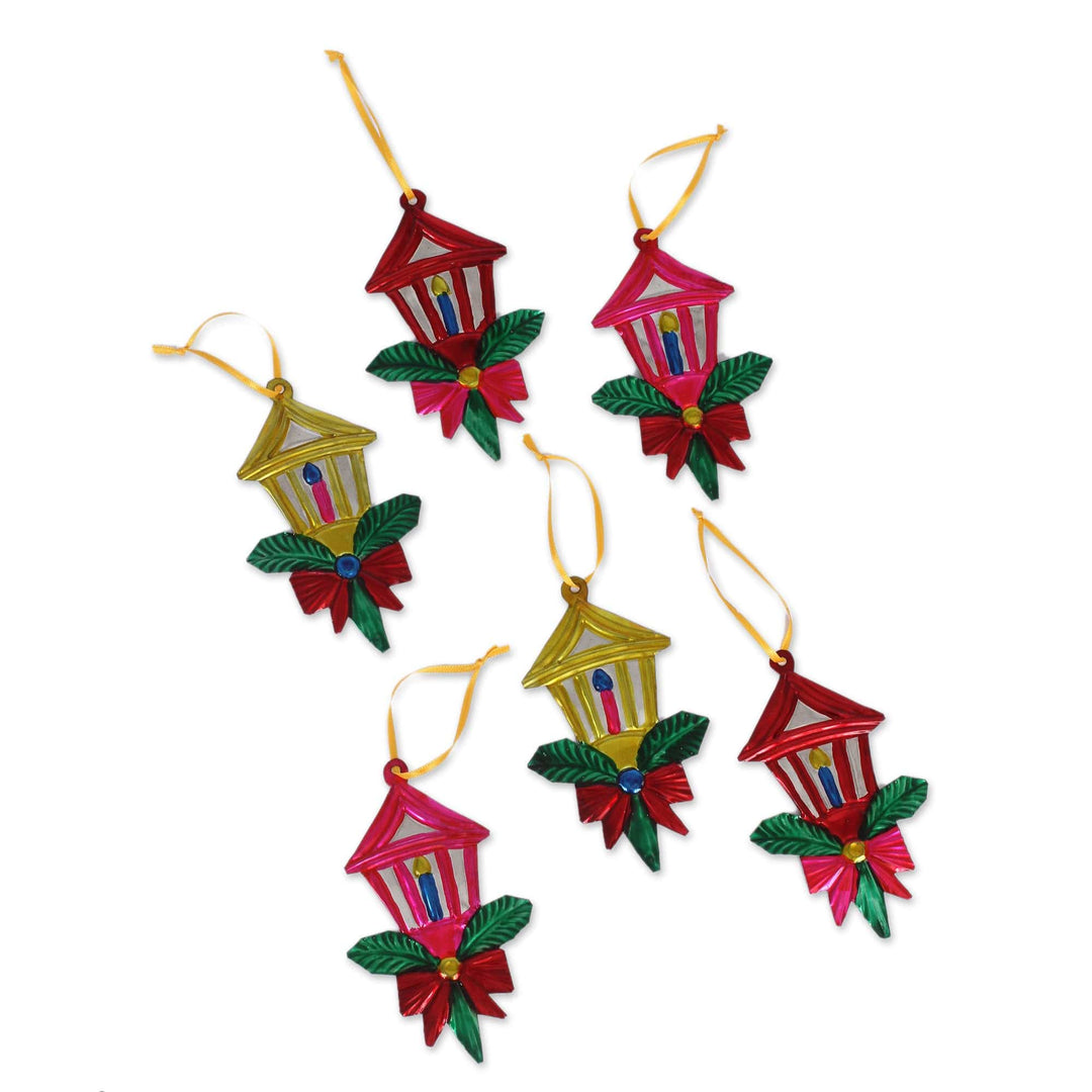 Mexican Hand Painted Tin Lantern Ornaments (set of 6) - Candle Lights