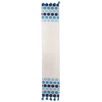 100% Cotton White and Blue Octagon Table Runner with Tassel - Blue Fusion