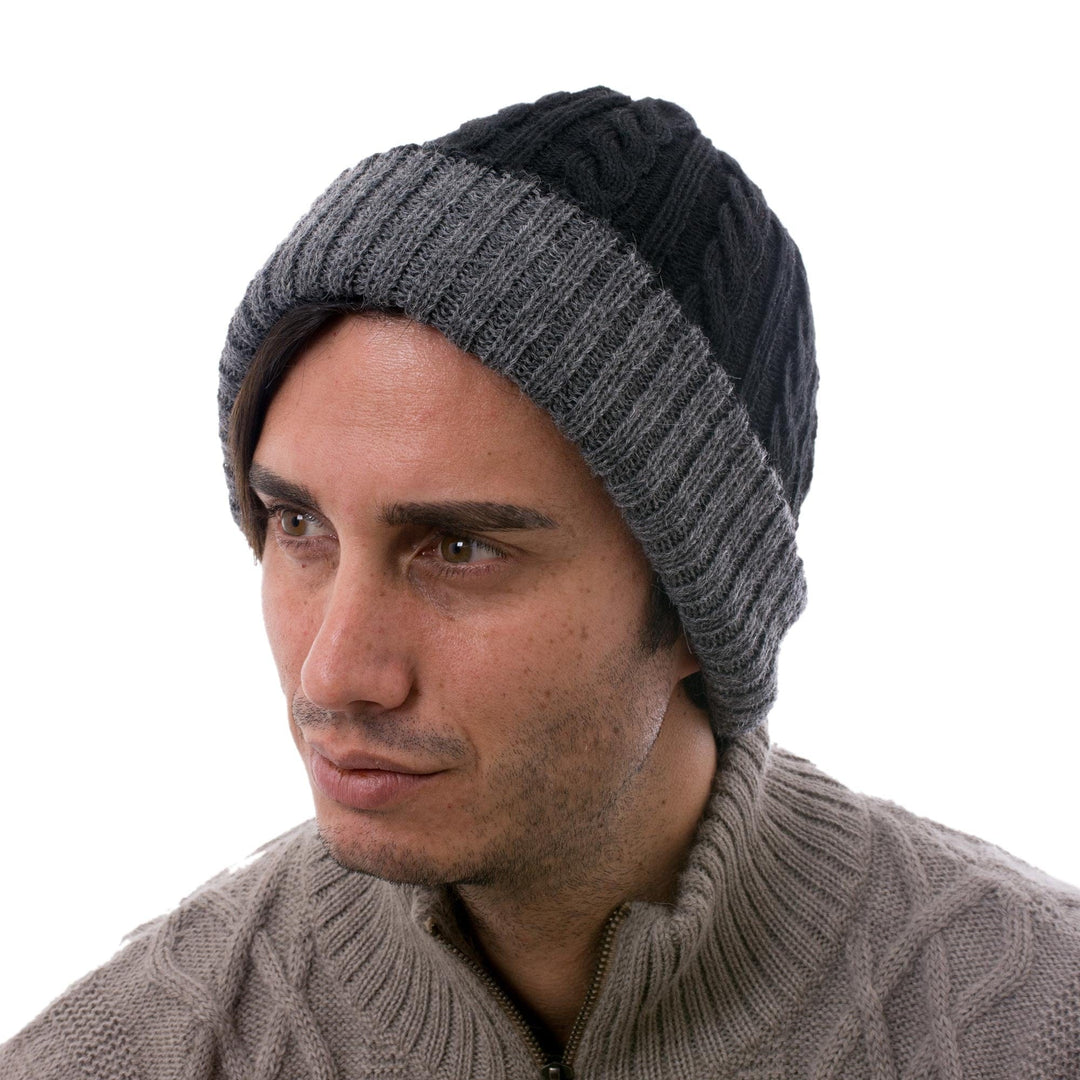 Peruvian 100% Alpaca Reversible Black and Grey Ribbed Hat - Warm and Cozy
