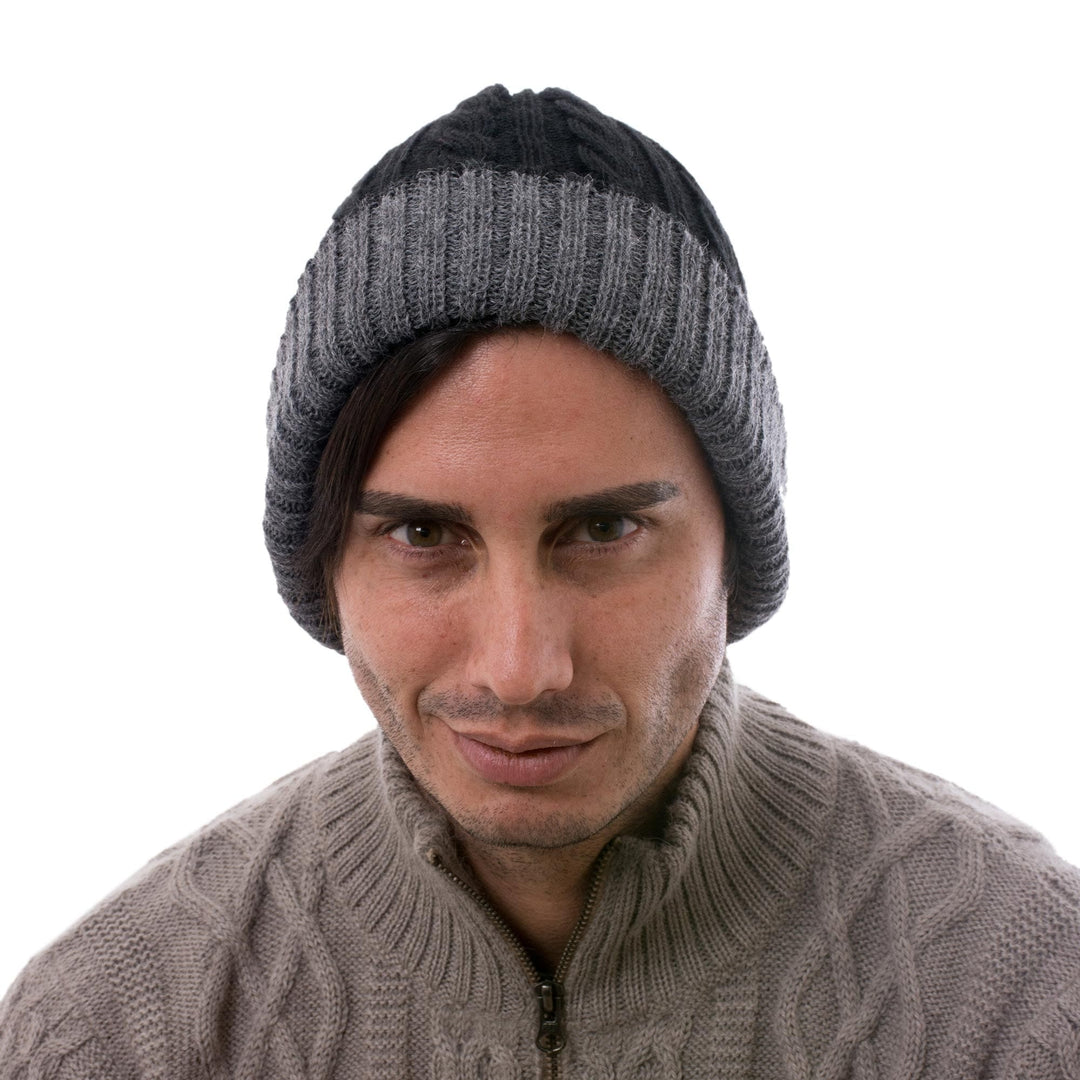 Peruvian 100% Alpaca Reversible Black and Grey Ribbed Hat - Warm and Cozy