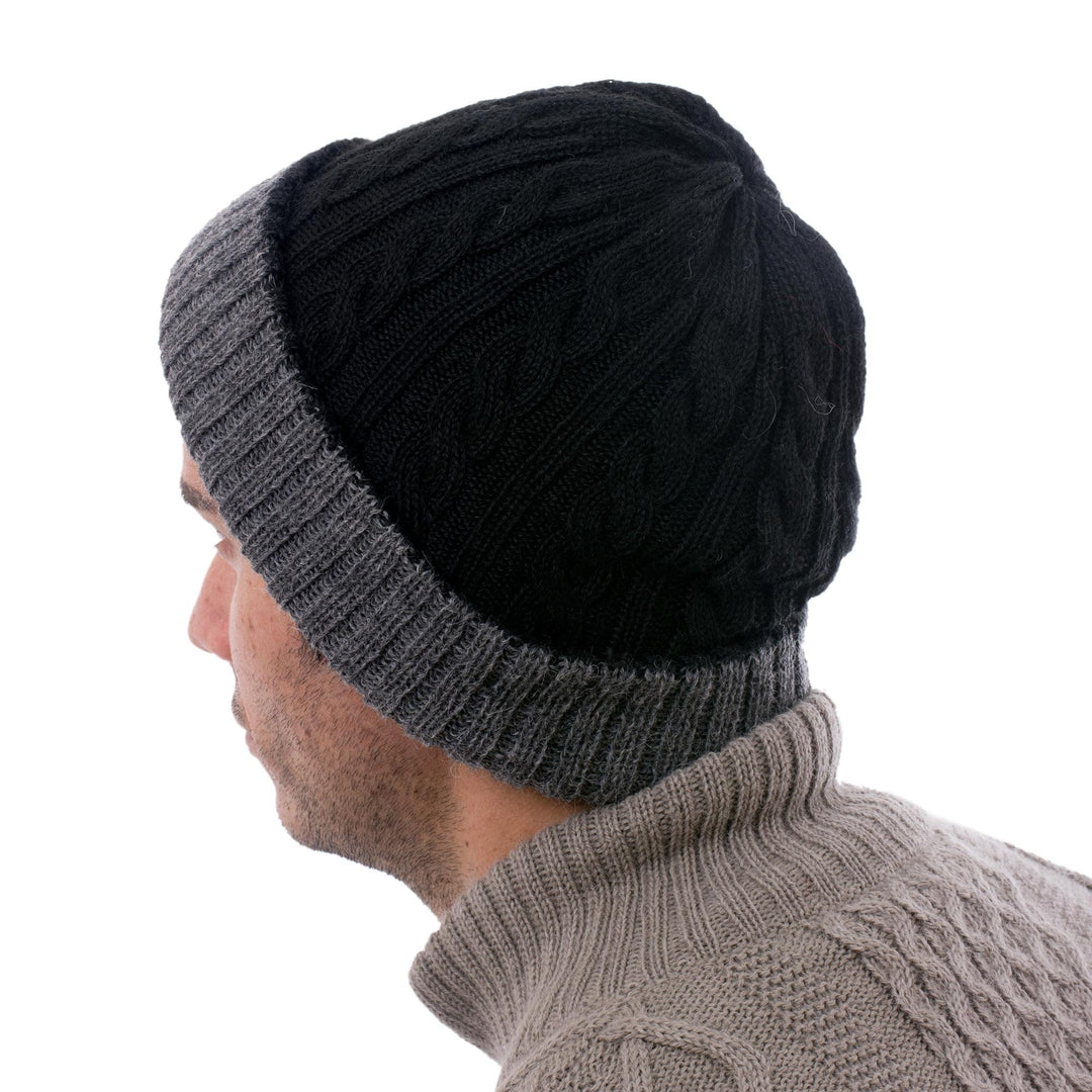 Peruvian 100% Alpaca Reversible Black and Grey Ribbed Hat - Warm and Cozy