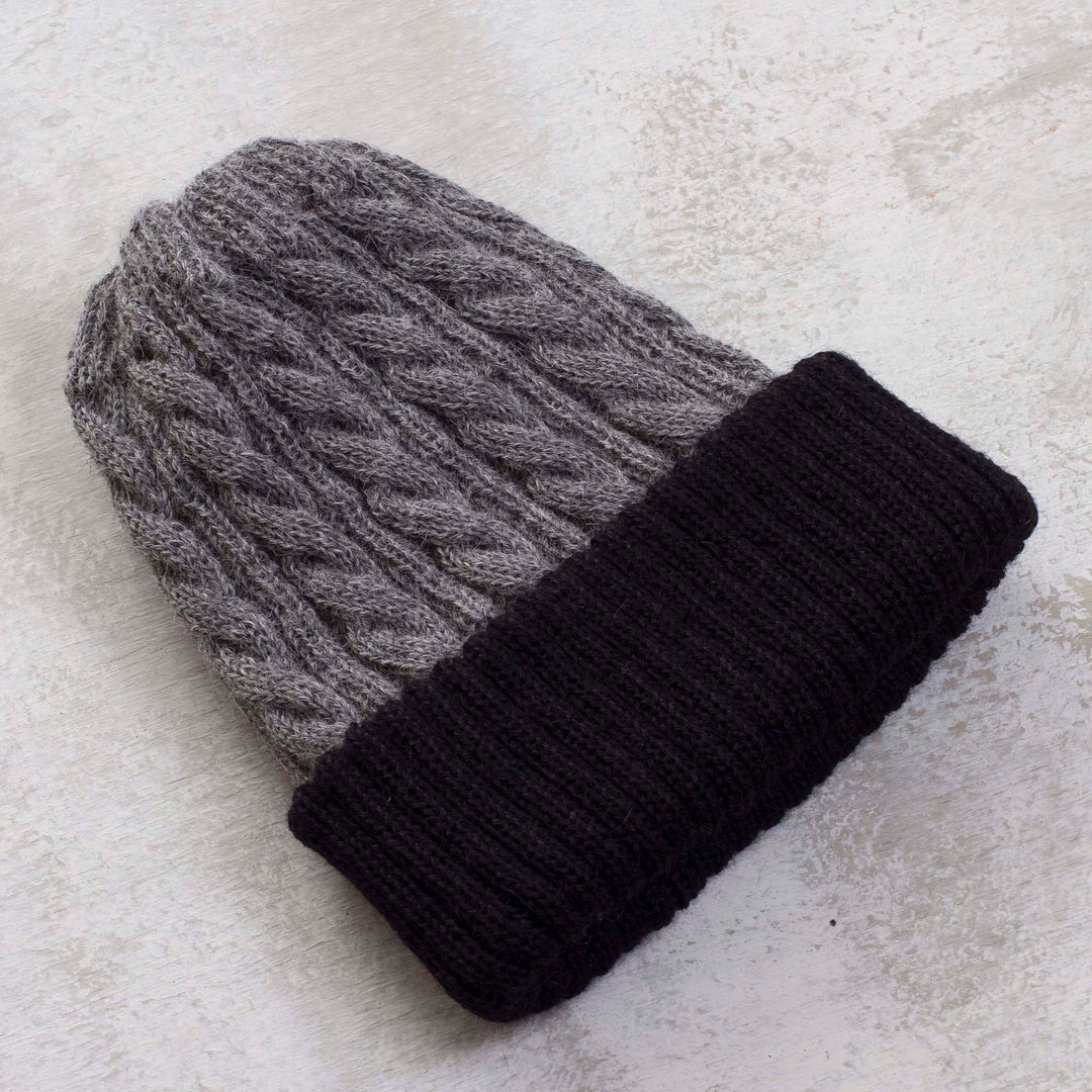 Peruvian 100% Alpaca Reversible Black and Grey Ribbed Hat - Warm and Cozy