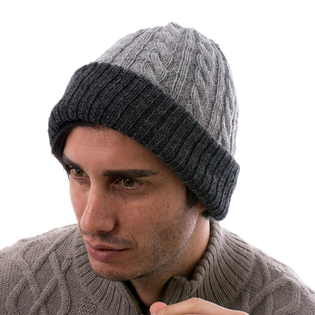 Light and Dark Grey Reversible 100% Alpaca Hat from Peru - Warm and Toasty