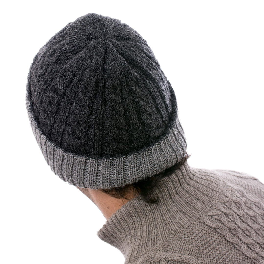 Light and Dark Grey Reversible 100% Alpaca Hat from Peru - Warm and Toasty