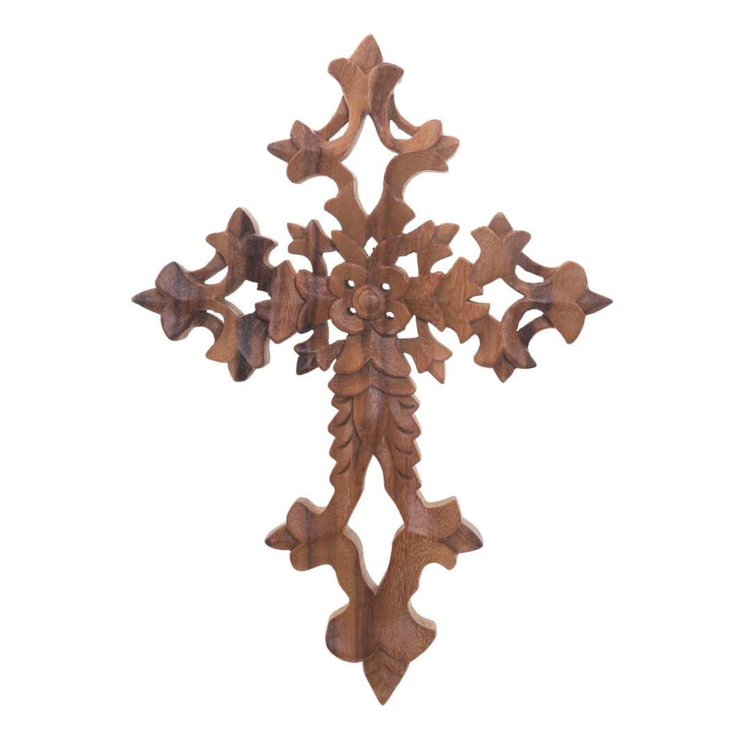 Hand-Carved Floral Suar Wood Wall Cross from Bali - Faith Blooms