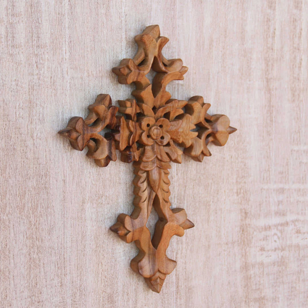 Hand-Carved Floral Suar Wood Wall Cross from Bali - Faith Blooms