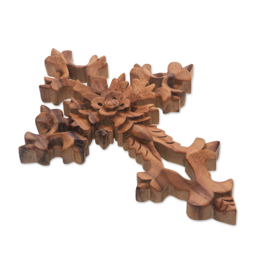 Hand-Carved Floral Suar Wood Wall Cross from Bali - Faith Blooms