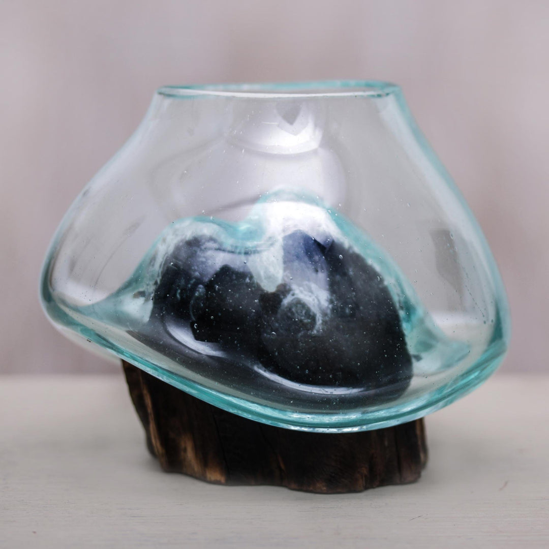 Handmade Albesia Wood Hand Blown Blue Glass Sculpture - Clear Blue Beauty