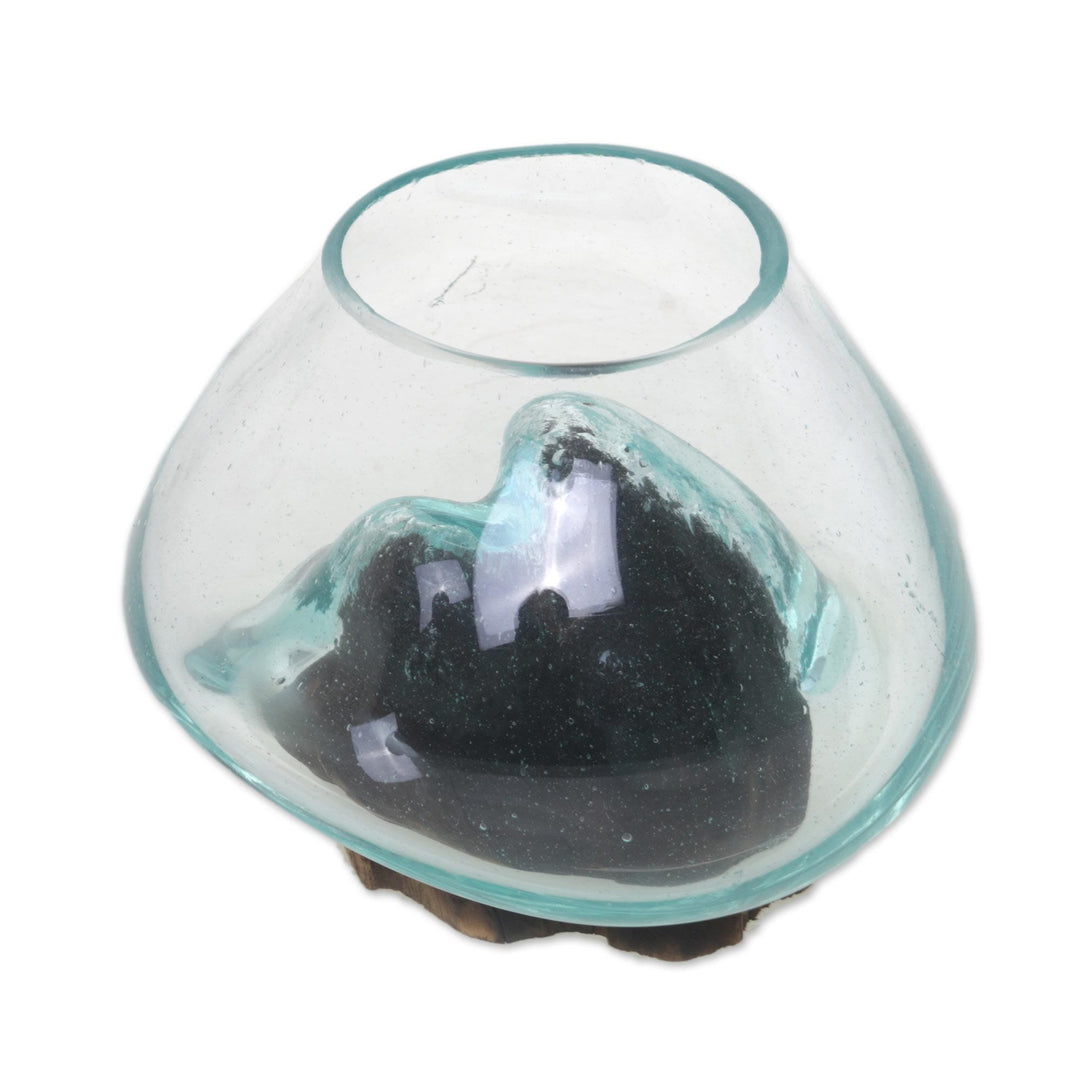 Handmade Albesia Wood Hand Blown Blue Glass Sculpture - Clear Blue Beauty