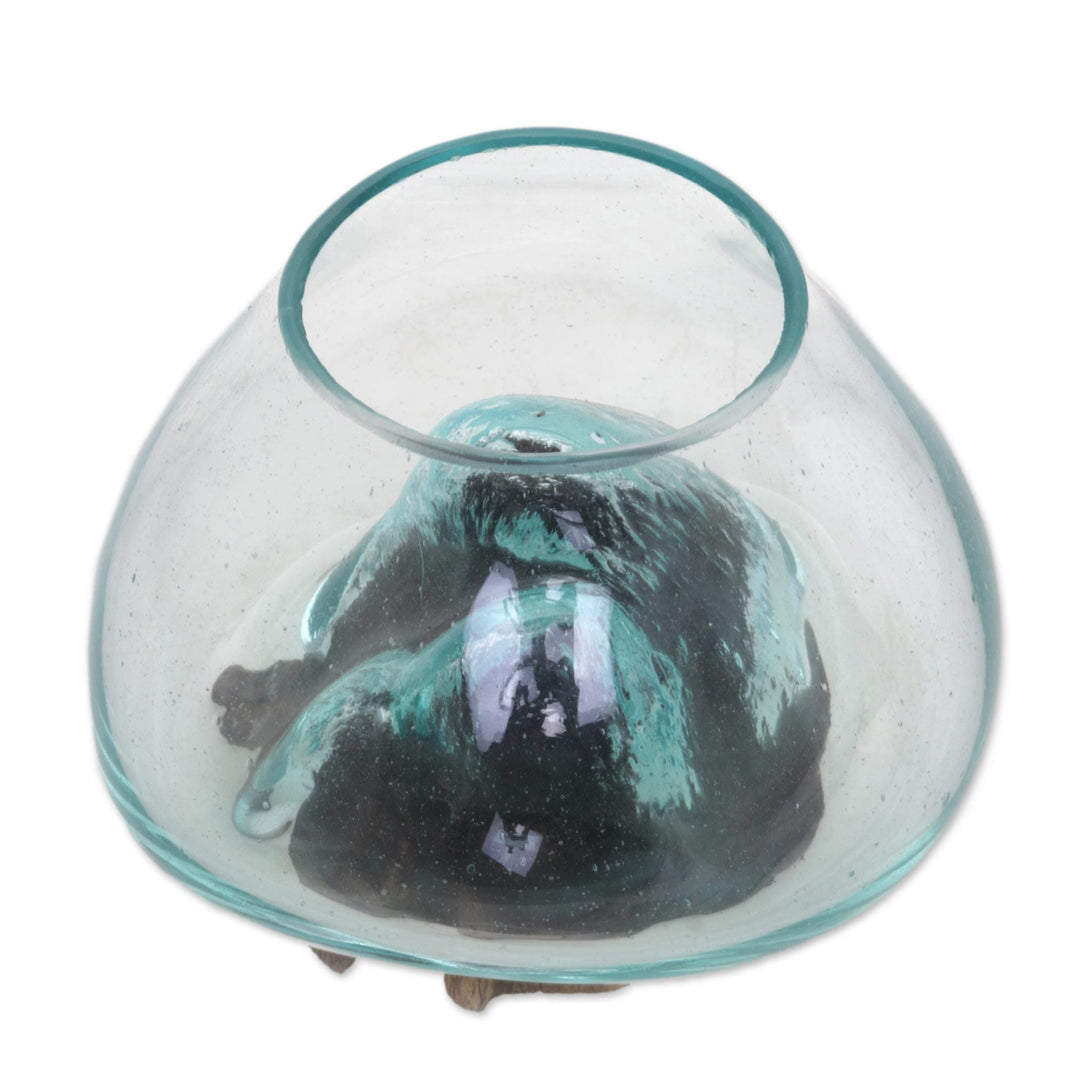 Handmade Albesia Wood Hand Blown Blue Glass Sculpture - Clear Blue Beauty