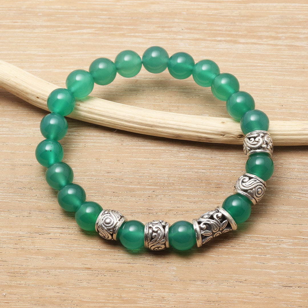 Hand Crafted Green Agate Beaded Stretch Bracelet from Bali - Verdant Flourish