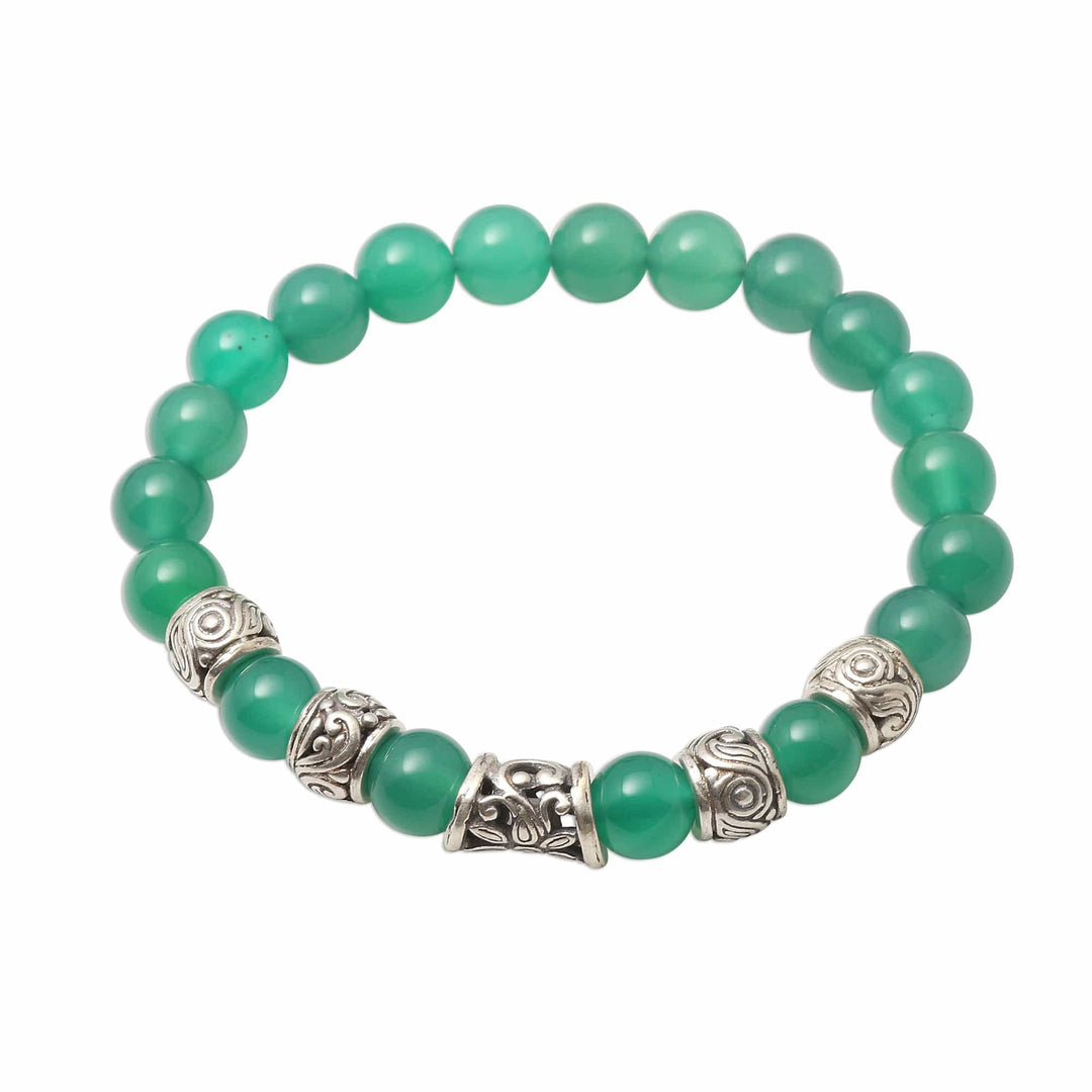 Hand Crafted Green Agate Beaded Stretch Bracelet from Bali - Verdant Flourish