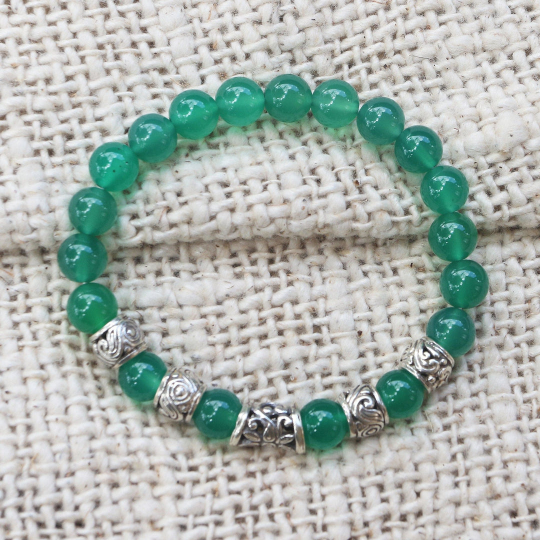 Hand Crafted Green Agate Beaded Stretch Bracelet from Bali - Verdant Flourish