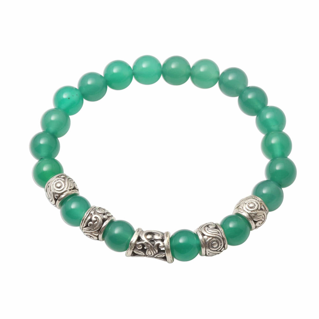 Hand Crafted Green Agate Beaded Stretch Bracelet from Bali - Verdant Flourish
