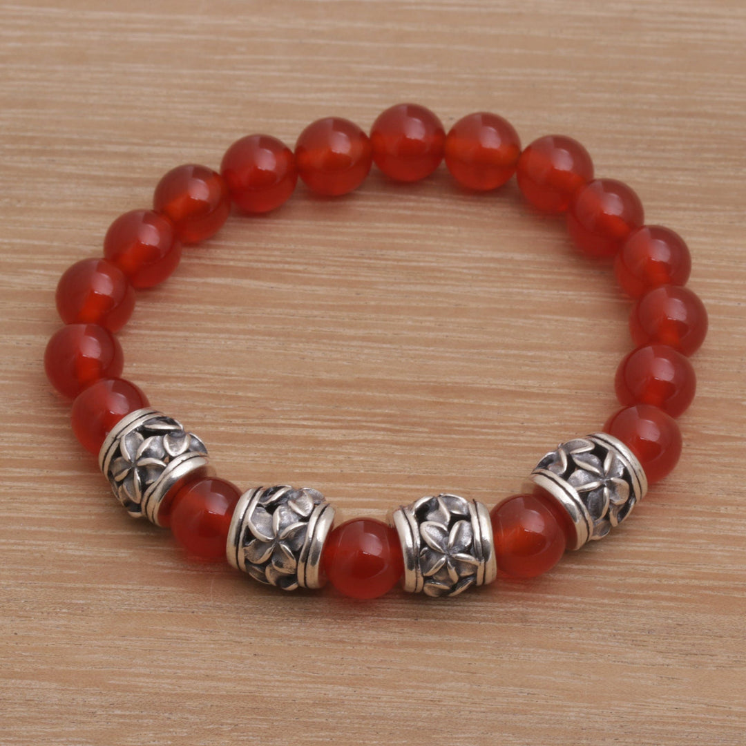 Carnelian Beaded Stretch Bracelet with Sterling Silver Beads - Jepun Sunset