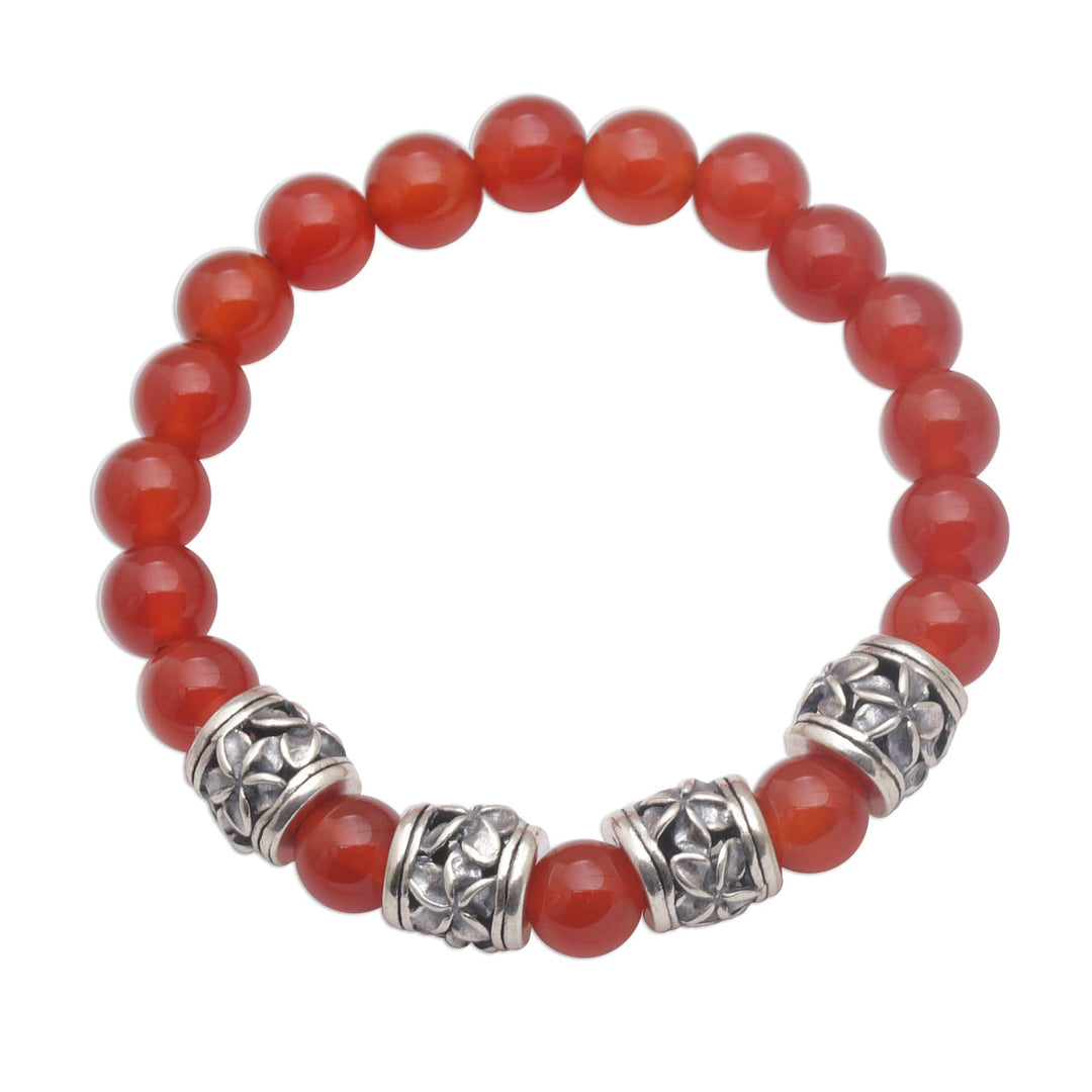 Carnelian Beaded Stretch Bracelet with Sterling Silver Beads - Jepun Sunset