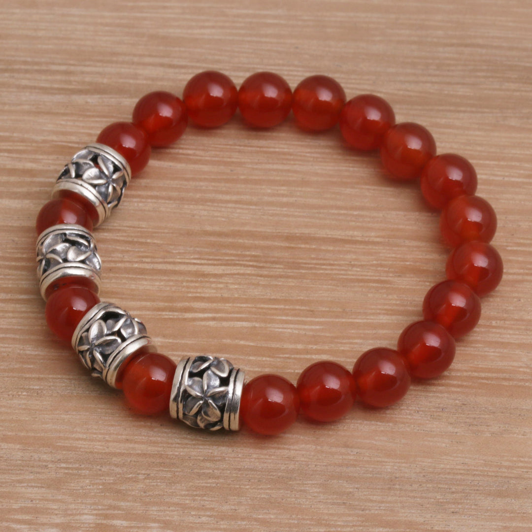 Carnelian Beaded Stretch Bracelet with Sterling Silver Beads - Jepun Sunset