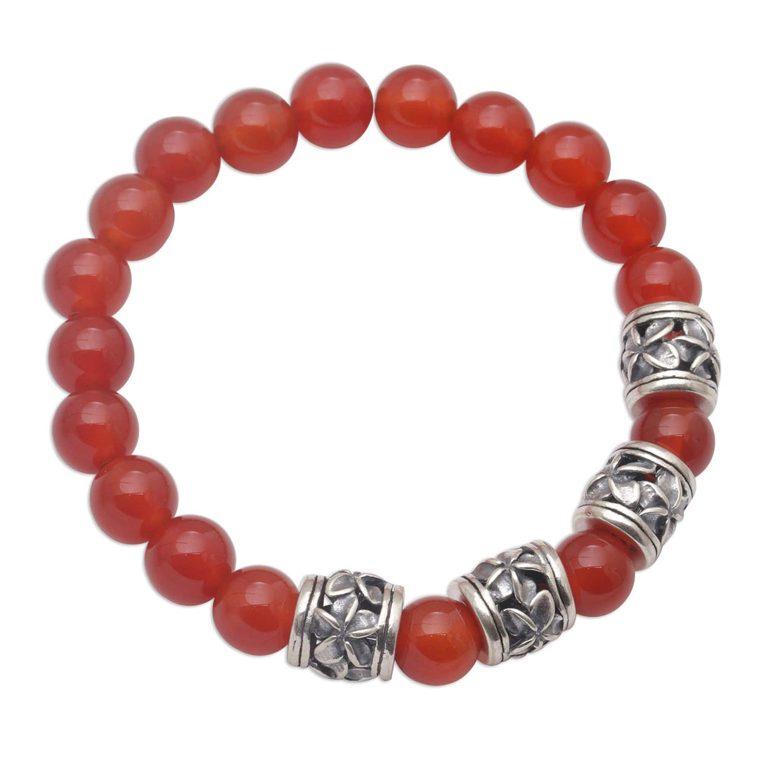 Carnelian Beaded Stretch Bracelet with Sterling Silver Beads - Jepun Sunset