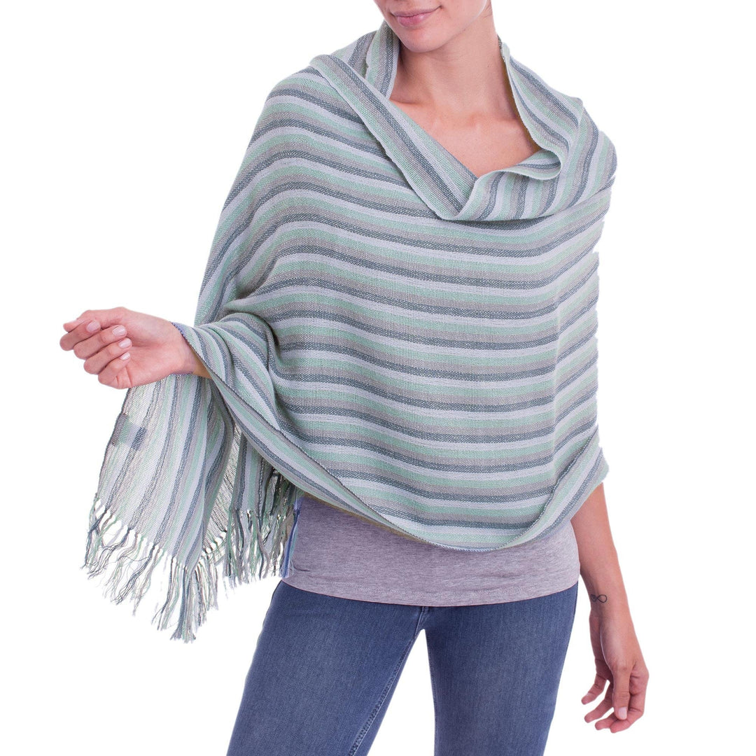 Handwoven Striped Baby Alpaca Shawl in Blue from Peru - Striped Lagoon