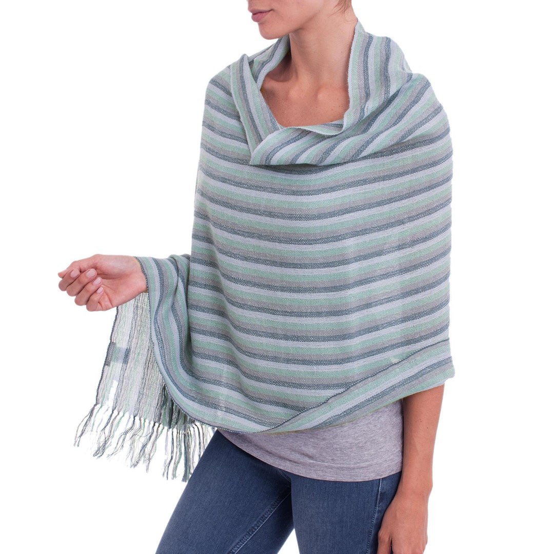 Handwoven Striped Baby Alpaca Shawl in Blue from Peru - Striped Lagoon