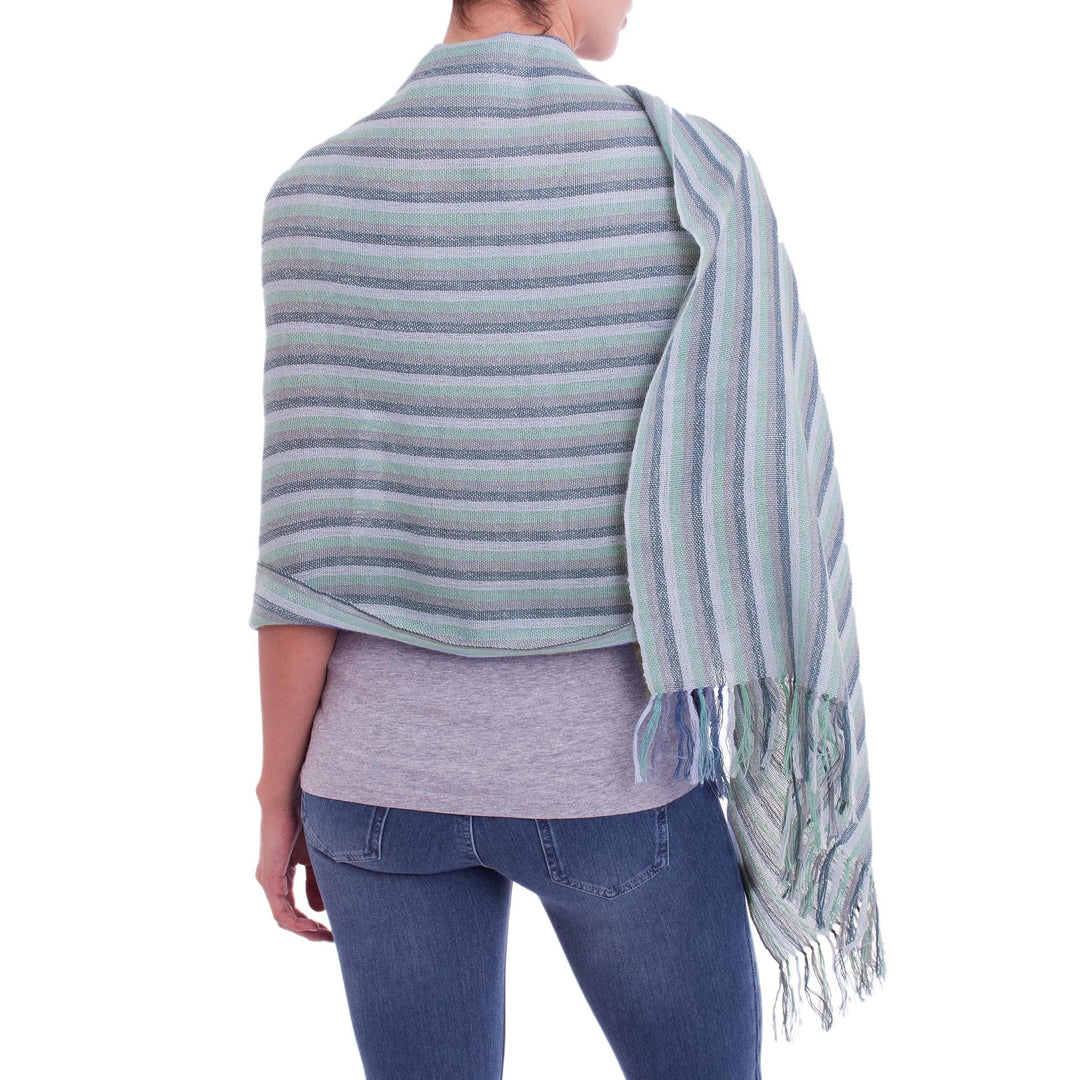 Handwoven Striped Baby Alpaca Shawl in Blue from Peru - Striped Lagoon