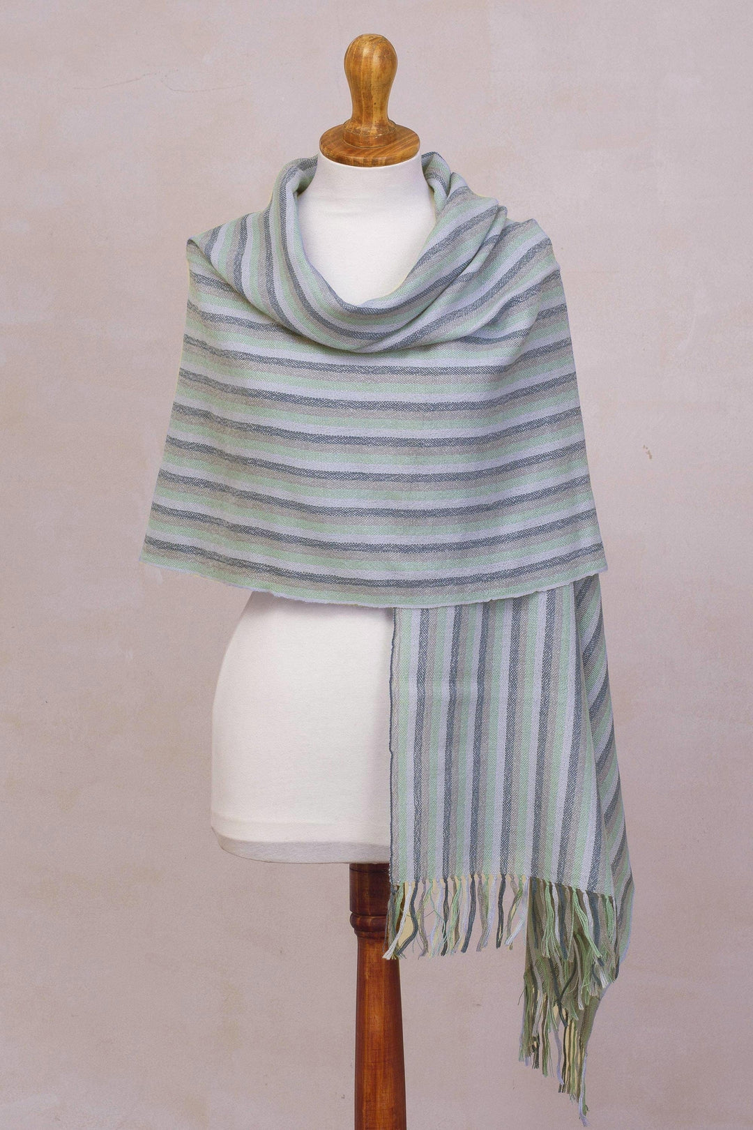 Handwoven Striped Baby Alpaca Shawl in Blue from Peru - Striped Lagoon
