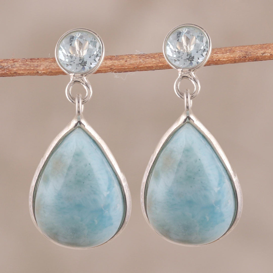 Dazzling Larimar and Blue Topaz Dangle Earrings from India - Alluring Sky