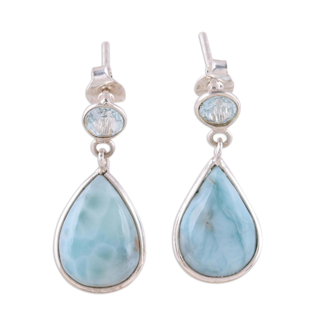Dazzling Larimar and Blue Topaz Dangle Earrings from India - Alluring Sky