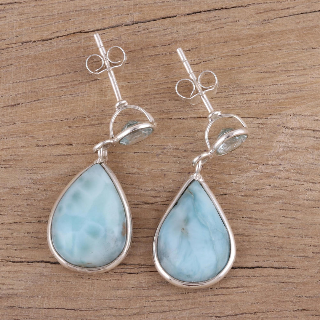 Dazzling Larimar and Blue Topaz Dangle Earrings from India - Alluring Sky