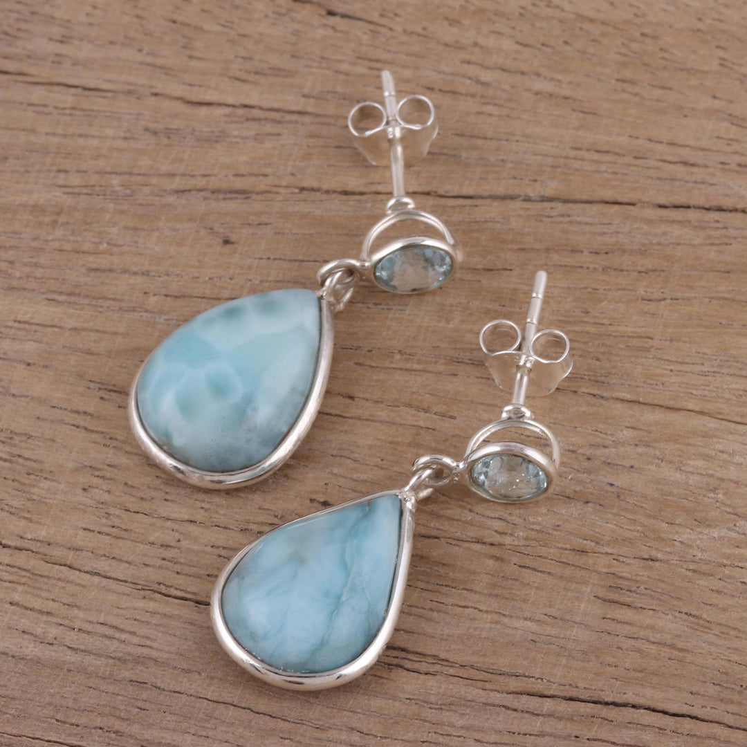 Dazzling Larimar and Blue Topaz Dangle Earrings from India - Alluring Sky
