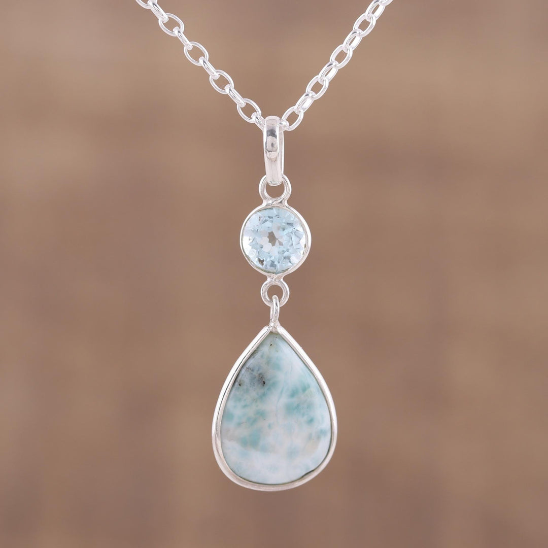 Dazzling Larimar and Blue Topaz Pendant Necklace from India - Alluring Sky