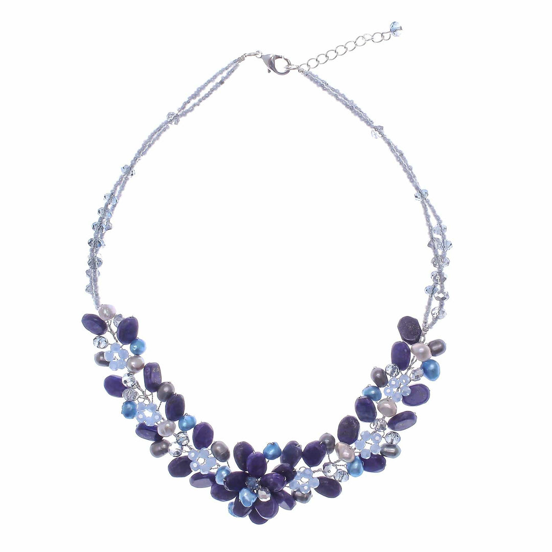 Lapis Lazuli and Cultured Pearl Necklace from Thailand - Elegant Flora