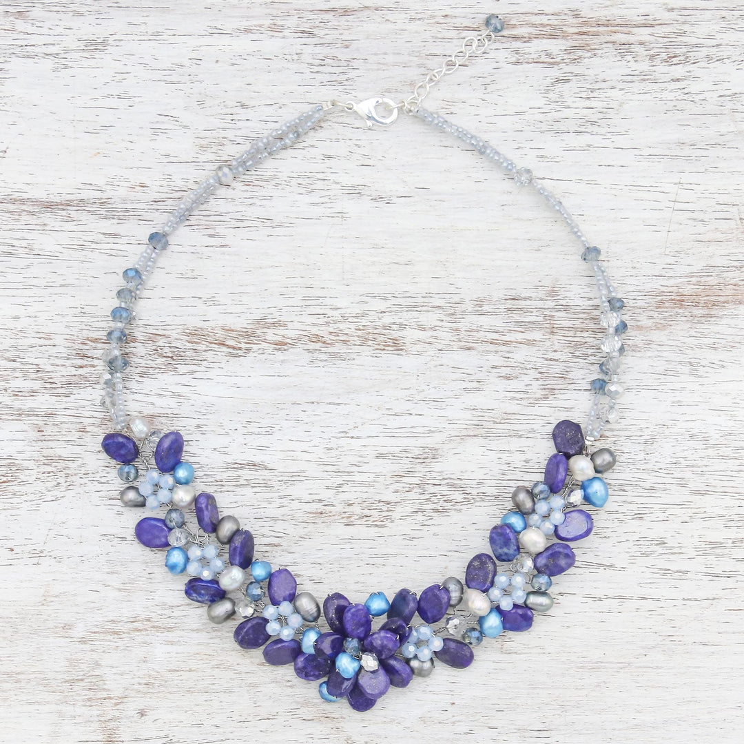 Lapis Lazuli and Cultured Pearl Necklace from Thailand - Elegant Flora