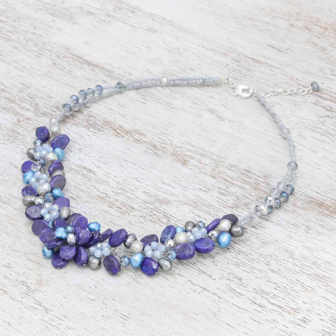 Lapis Lazuli and Cultured Pearl Necklace from Thailand - Elegant Flora