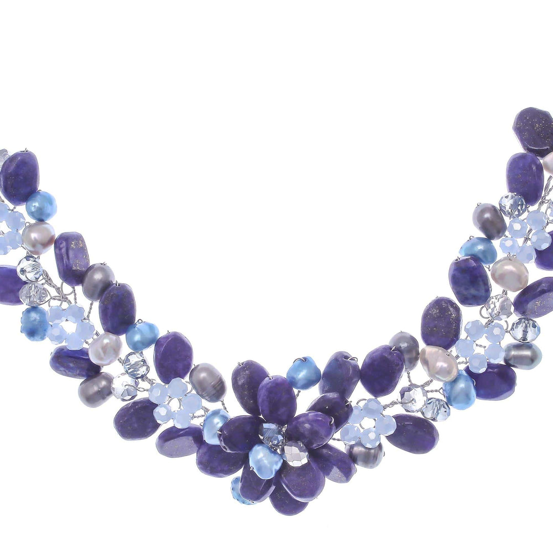 Lapis Lazuli and Cultured Pearl Necklace from Thailand - Elegant Flora