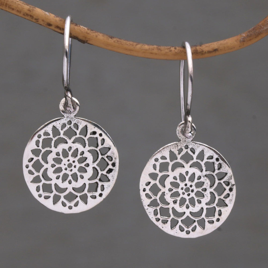 Round Sterling Silver Mandala Flower Earrings from Bali - Enchanting Mandalas