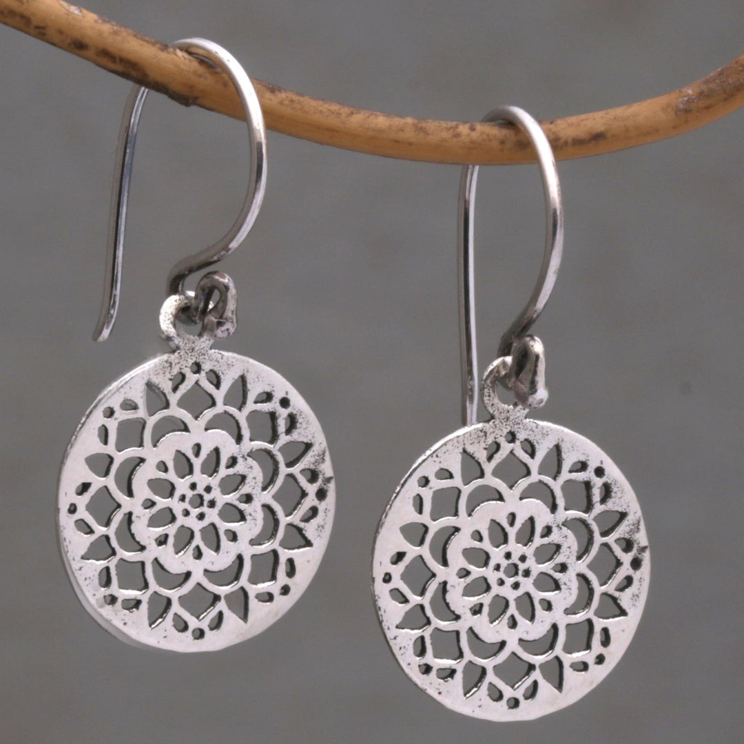 Round Sterling Silver Mandala Flower Earrings from Bali - Enchanting Mandalas