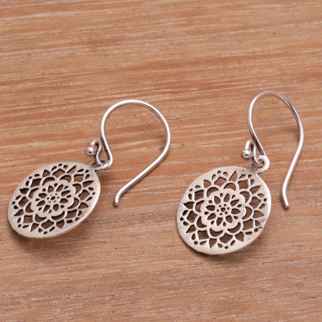 Round Sterling Silver Mandala Flower Earrings from Bali - Enchanting Mandalas