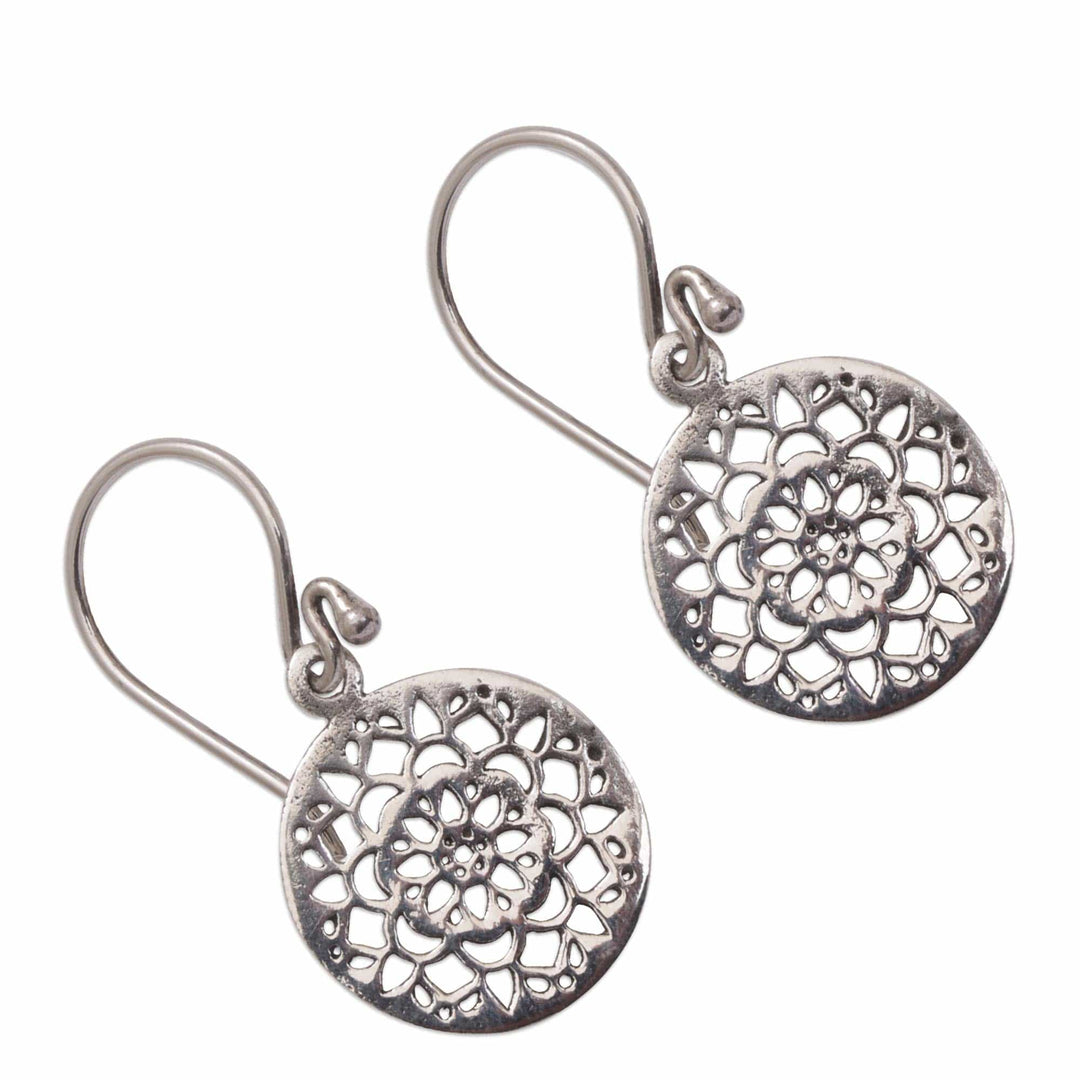 Round Sterling Silver Mandala Flower Earrings from Bali - Enchanting Mandalas