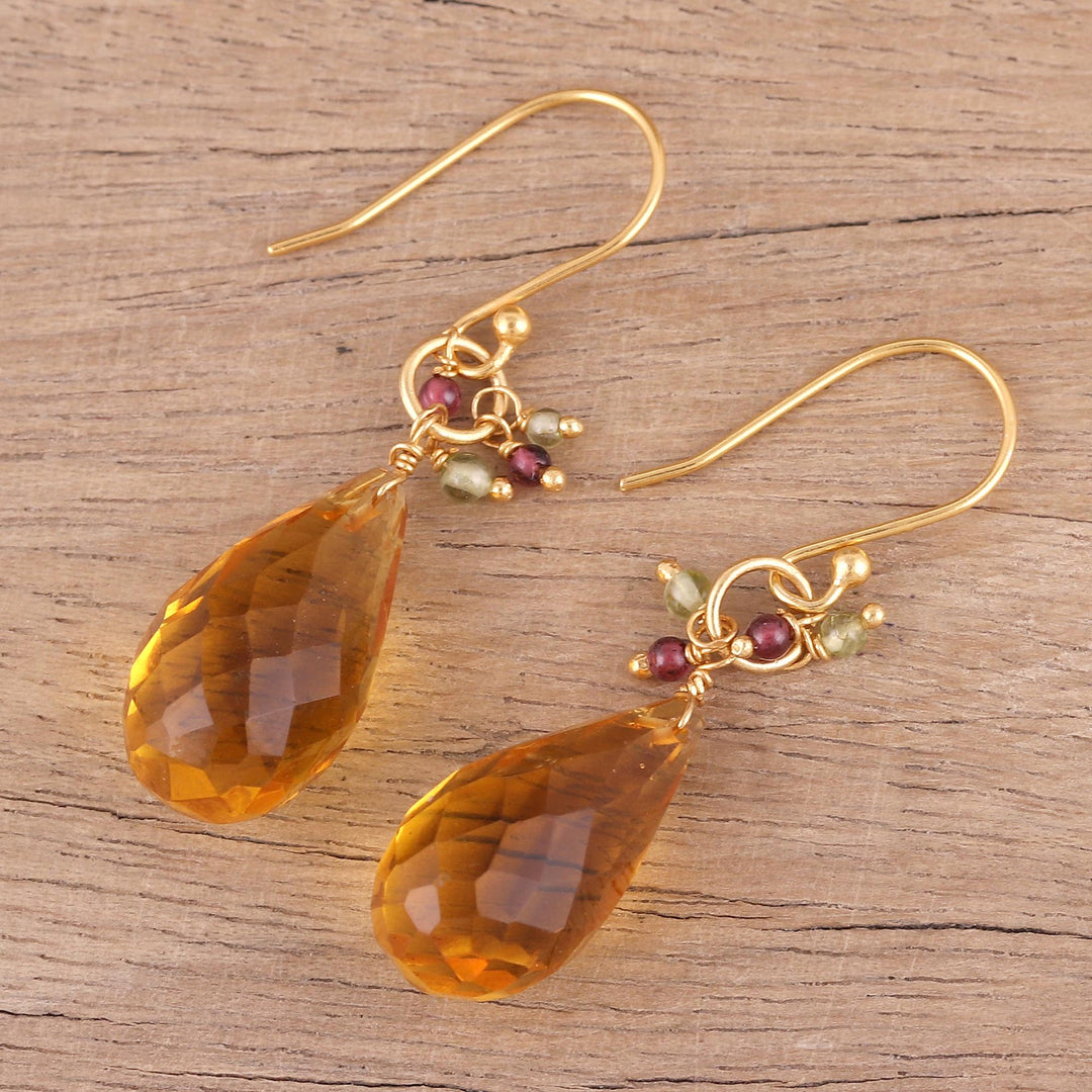 Handmade 22k Gold Plated Sterling Silver Gemstone Earrings - Sunset Raindrops