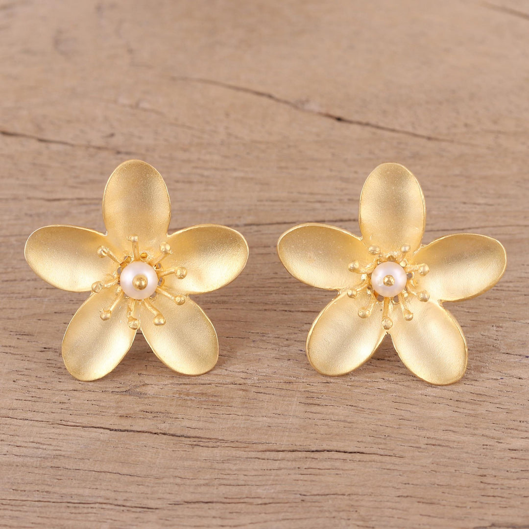 Cultured Pearl 22k Gold Plated Sterling Silver Earrings - Blooming Plumeria