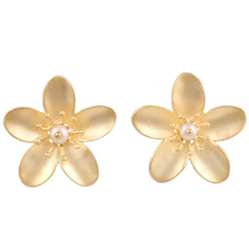 Cultured Pearl 22k Gold Plated Sterling Silver Earrings - Blooming Plumeria