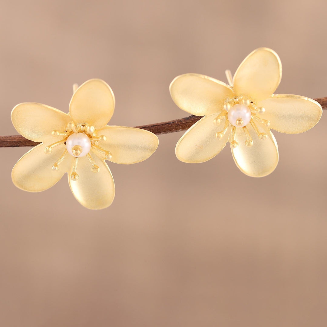Cultured Pearl 22k Gold Plated Sterling Silver Earrings - Blooming Plumeria