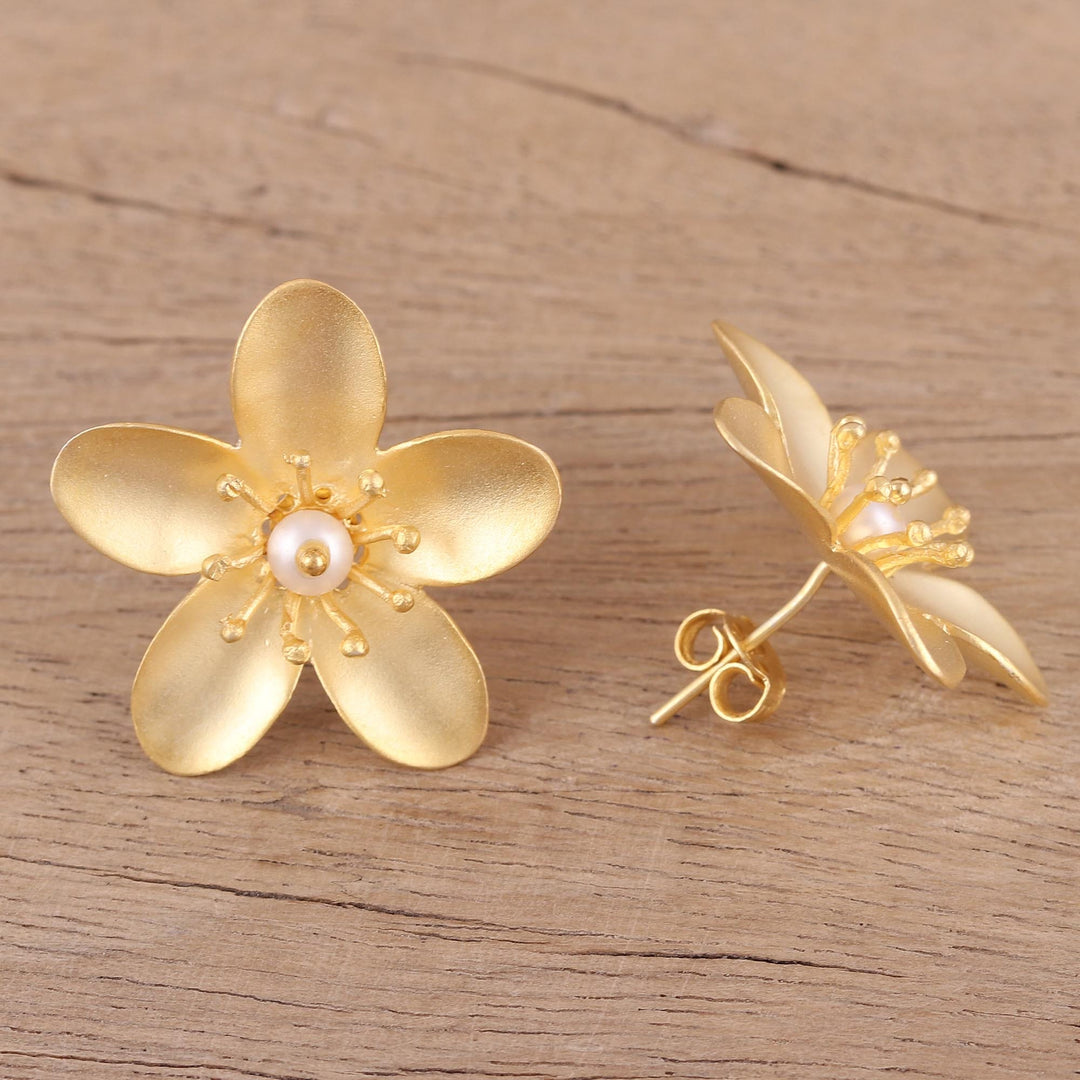 Cultured Pearl 22k Gold Plated Sterling Silver Earrings - Blooming Plumeria