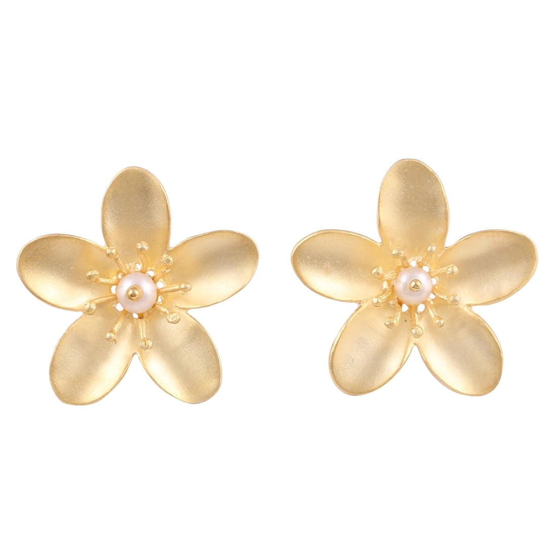 Cultured Pearl 22k Gold Plated Sterling Silver Earrings - Blooming Plumeria